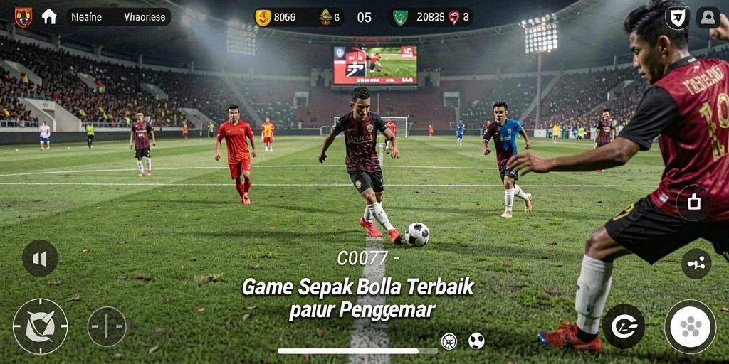 Tangkapan layar utama C0077 menunjukkan aksi seru di lapangan sepak bola.