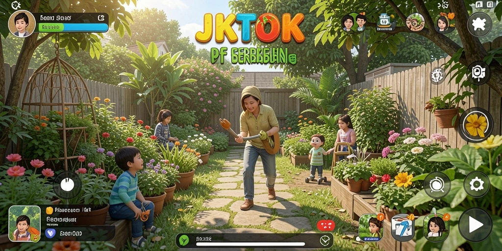 Tampilan gameplay seru dalam JKTOK yang menampilkan kebun yang indah.