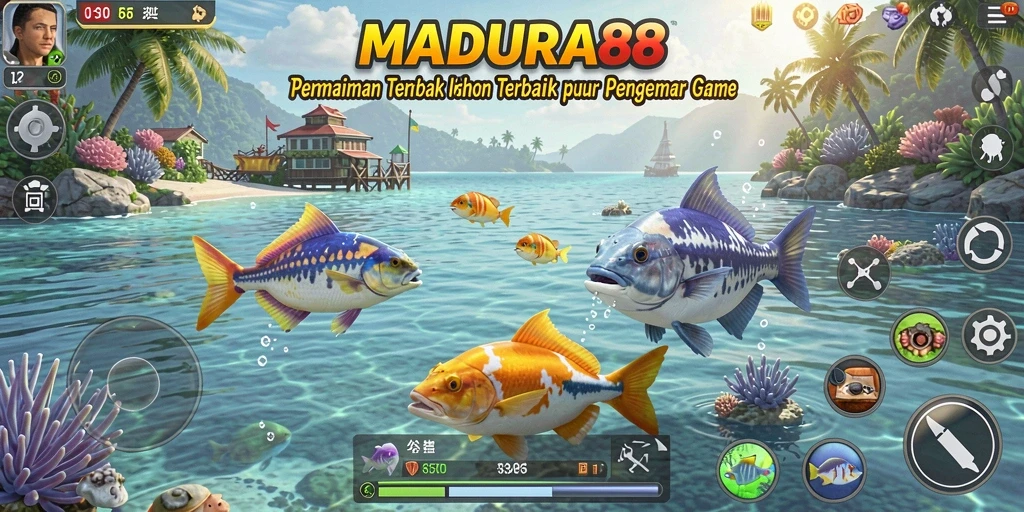 Gameplay seru MADURA88 saat menembak ikan berwarna-warni.