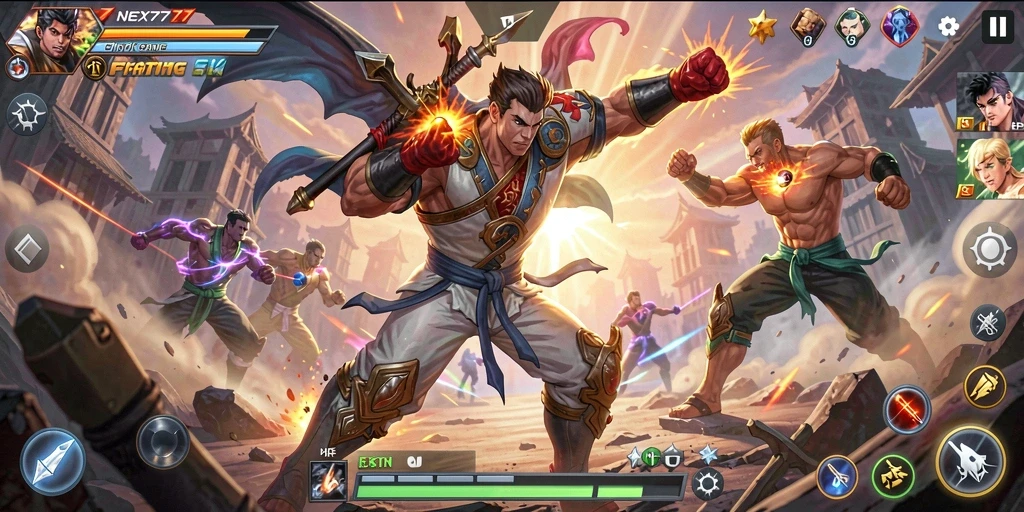 Screenshot menampilkan pertarungan seru dalam NEX777 dengan karakter yang memukau.