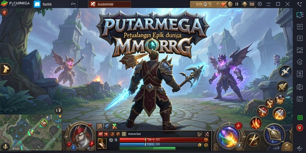 Gameplay PUTARMEGA menampilkan pertarungan epik dalam dunia fantasi.