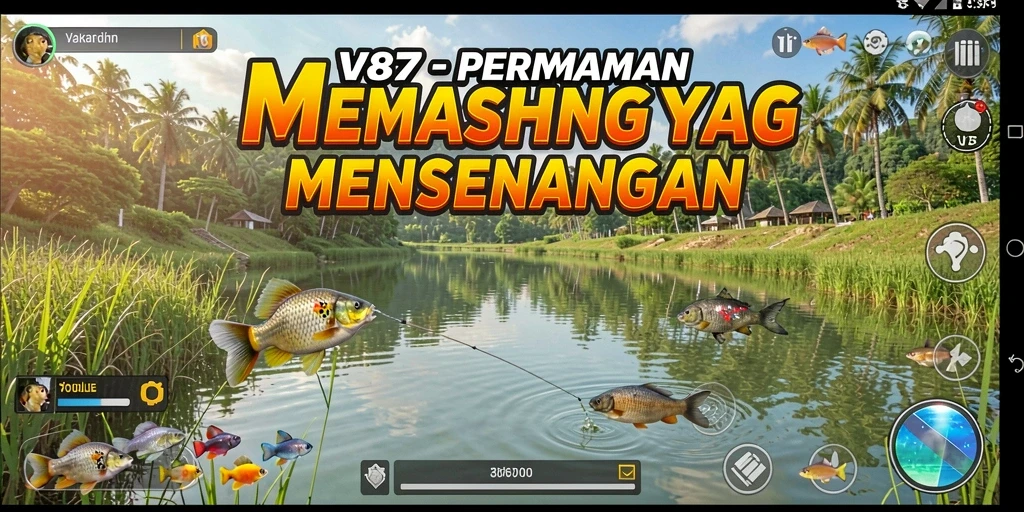 Screenshot gameplay V87 yang menunjukkan aksi memancing yang mendebarkan.