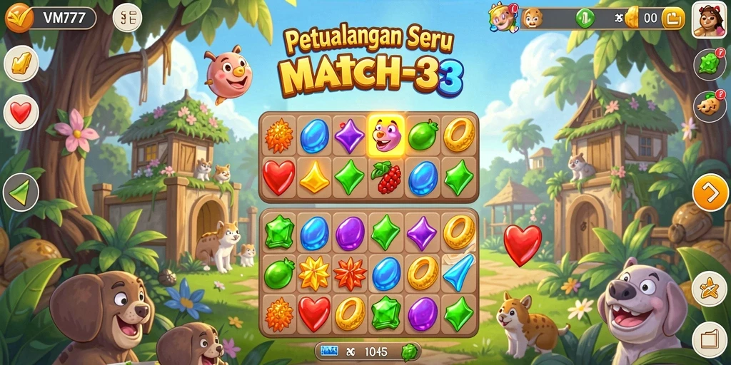 Screenshot gameplay VM777 yang menunjukkan aksi mencocokkan permata.